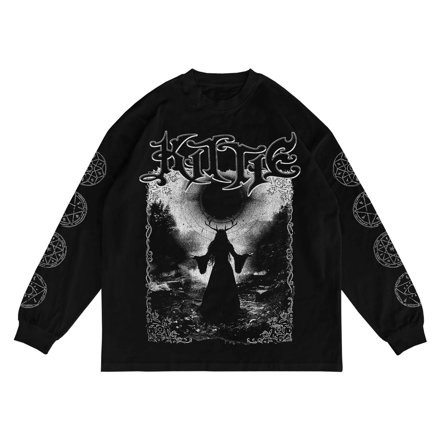 The Eclipse - Black Long Sleeve by Kittie features occult-inspired white graphics—robed horned figure, moon or eclipse, ornate "KILLF" text, and pentagrams on both sleeves. Ideal for fans of distinctive printed apparel.