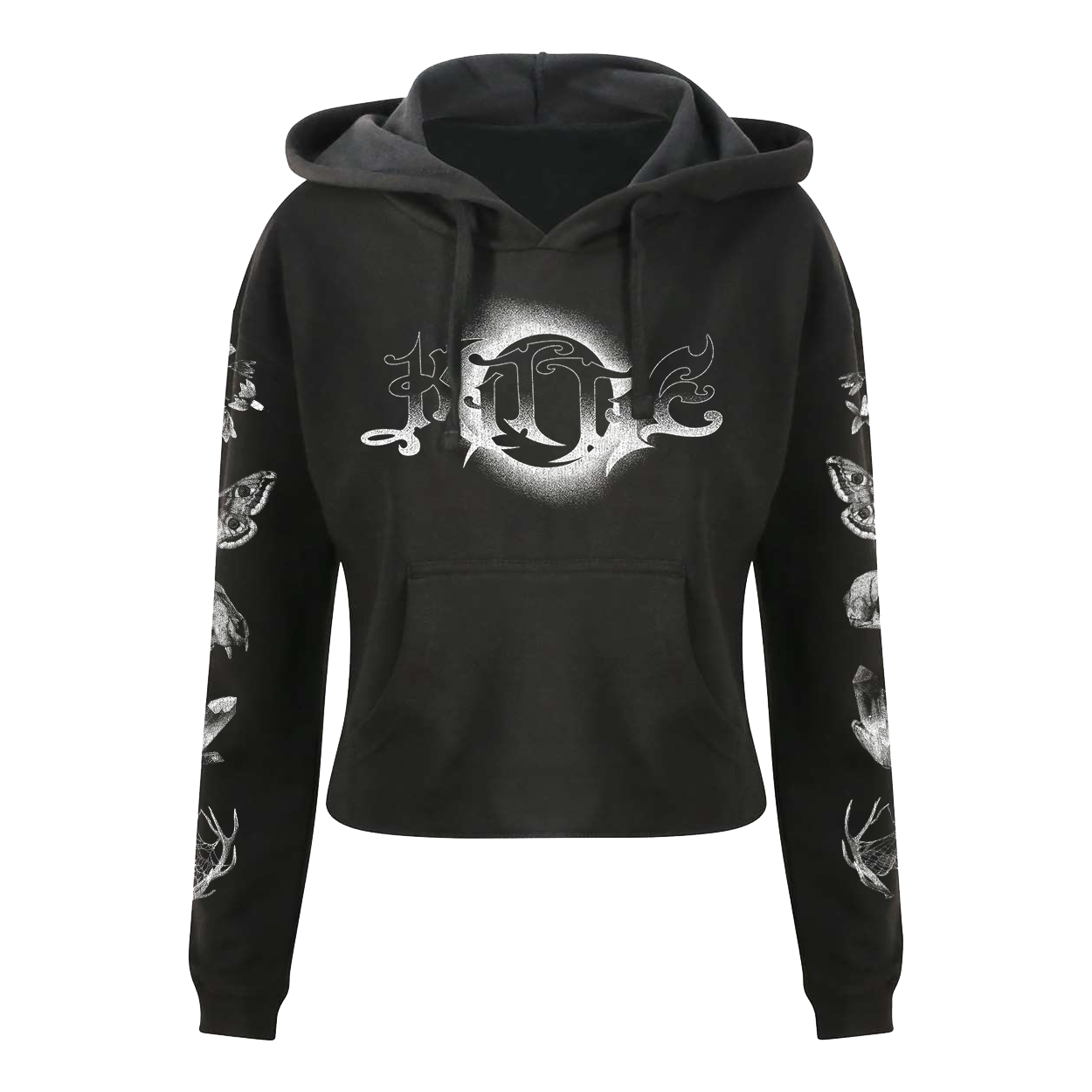 The Kittie Nox Black Cropped Women's Pullover features a white gothic-style FATE chest design and detailed white deer and wolf illustrations printed along both sleeves, highlighting its high-quality print.