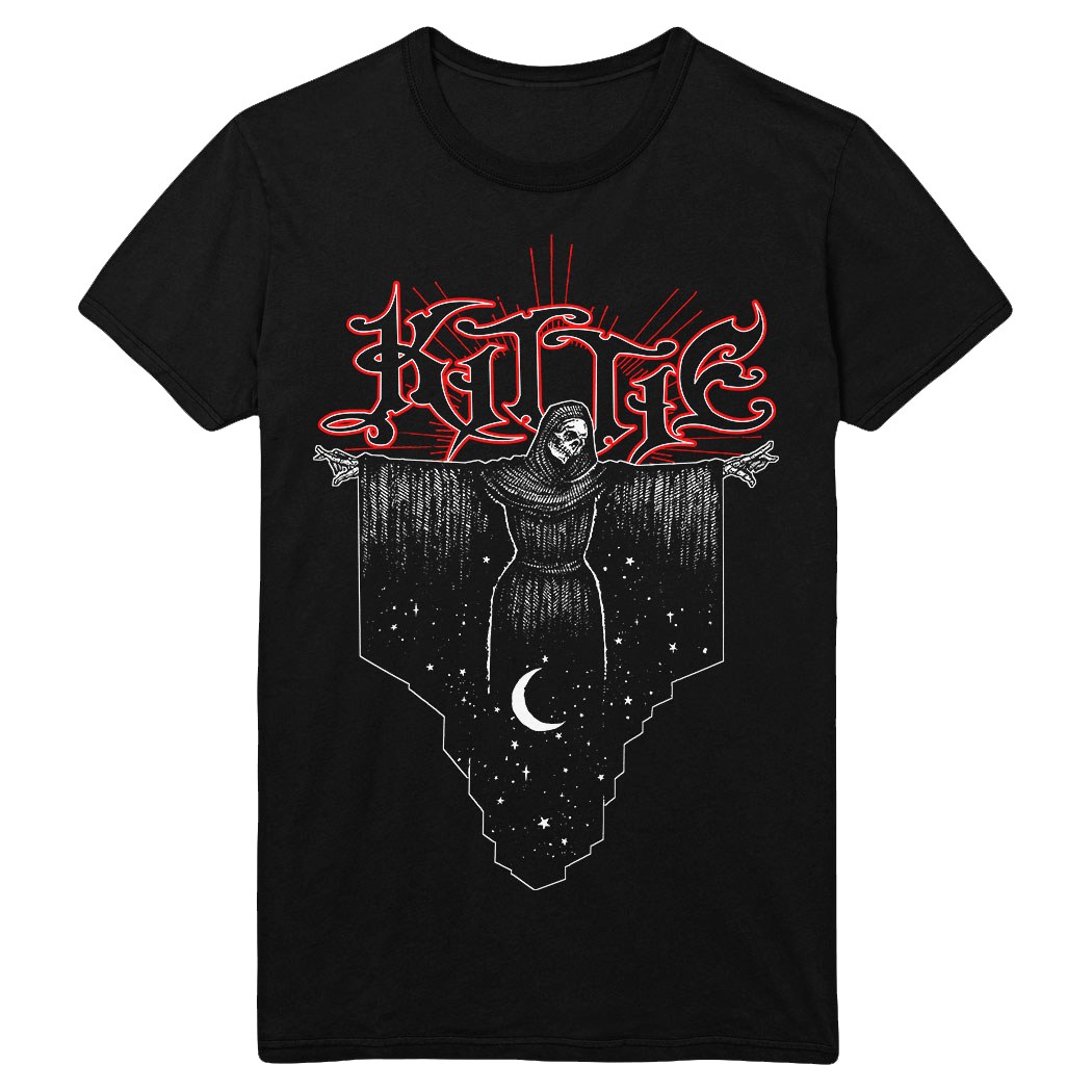 The Kittie Reaper Black T-Shirt features red and white art of a hooded figure with outstretched arms above a crescent moon and stars. "KITTIE" is boldly displayed at the top of this striking shirt.