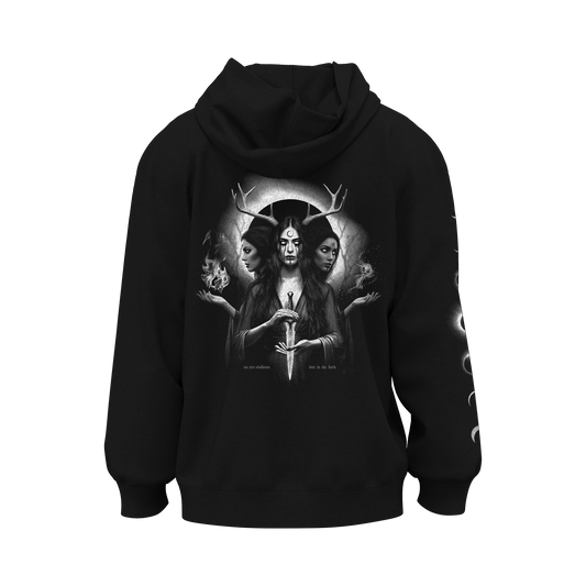 The Kittie Hecate - Black Pullover is a heavyweight fleece hoodie with a mystical three-faced woman with antlers, holding a dagger, fire, and smoke under a moon backdrop. Features white text beneath the art and sleeve detailing.