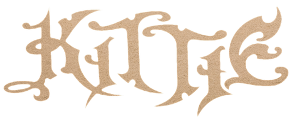 The image displays the word Kitte written in a stylized, ornate Gothic font with decorative flourishes, in a beige color against a white background.