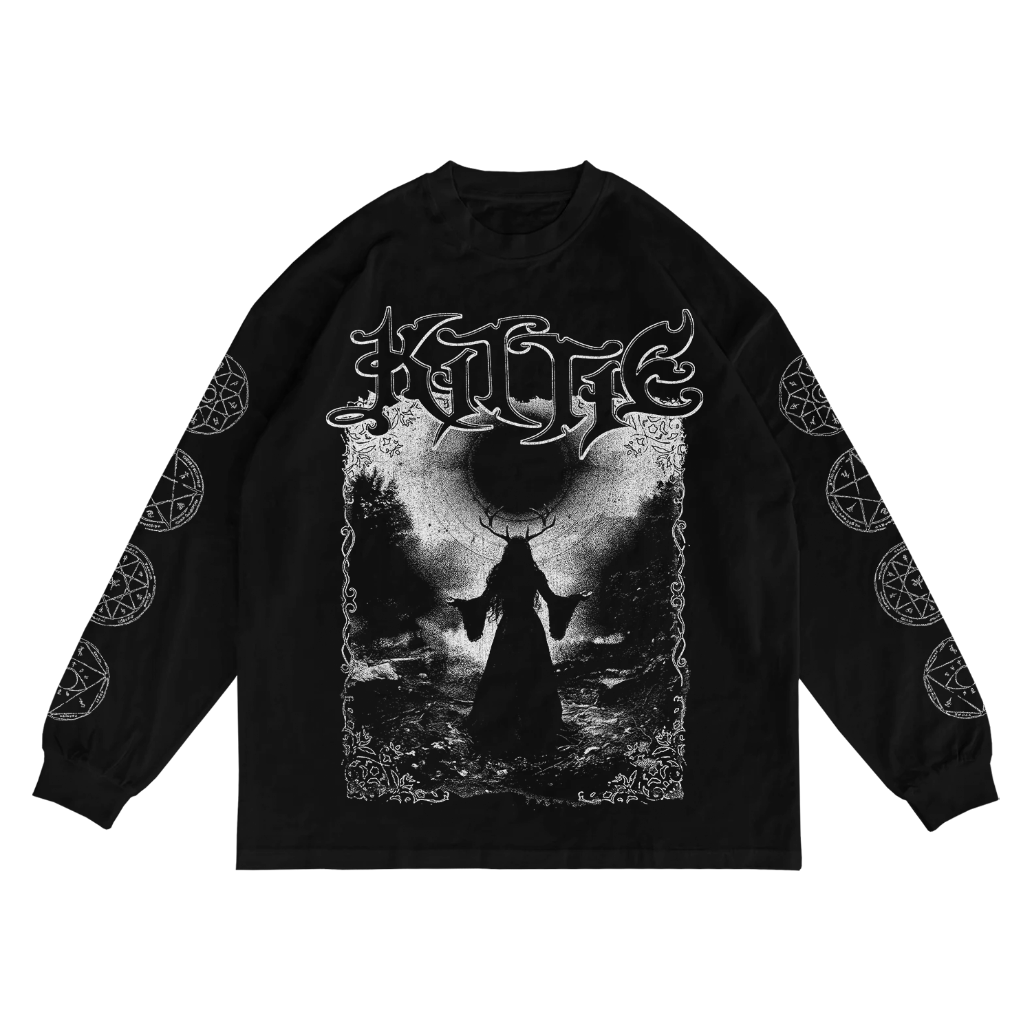 The Eclipse - Black Long Sleeve by Kittie features occult-inspired white graphics—robed horned figure, moon or eclipse, ornate "KILLF" text, and pentagrams on both sleeves. Ideal for fans of distinctive printed apparel.