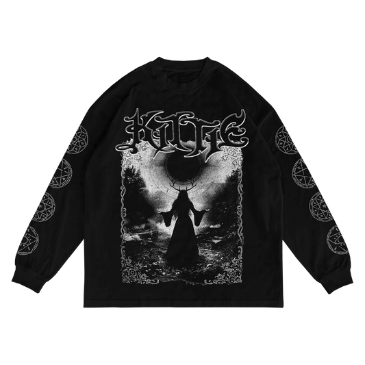 The Eclipse - Black Long Sleeve by Kittie features occult-inspired white graphics—robed horned figure, moon or eclipse, ornate "KILLF" text, and pentagrams on both sleeves. Ideal for fans of distinctive printed apparel.