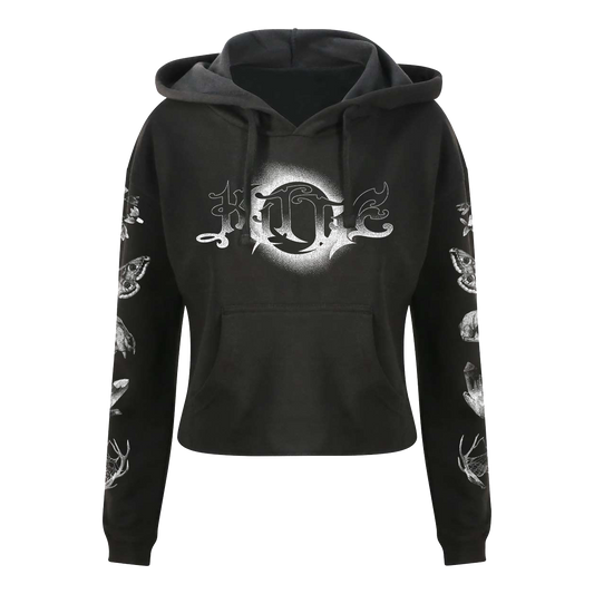 The Kittie Nox Black Cropped Women's Pullover features a white gothic-style FATE chest design and detailed white deer and wolf illustrations printed along both sleeves, highlighting its high-quality print.