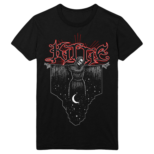 The Kittie Reaper Black T-Shirt features red and white art of a hooded figure with outstretched arms above a crescent moon and stars. "KITTIE" is boldly displayed at the top of this striking shirt.